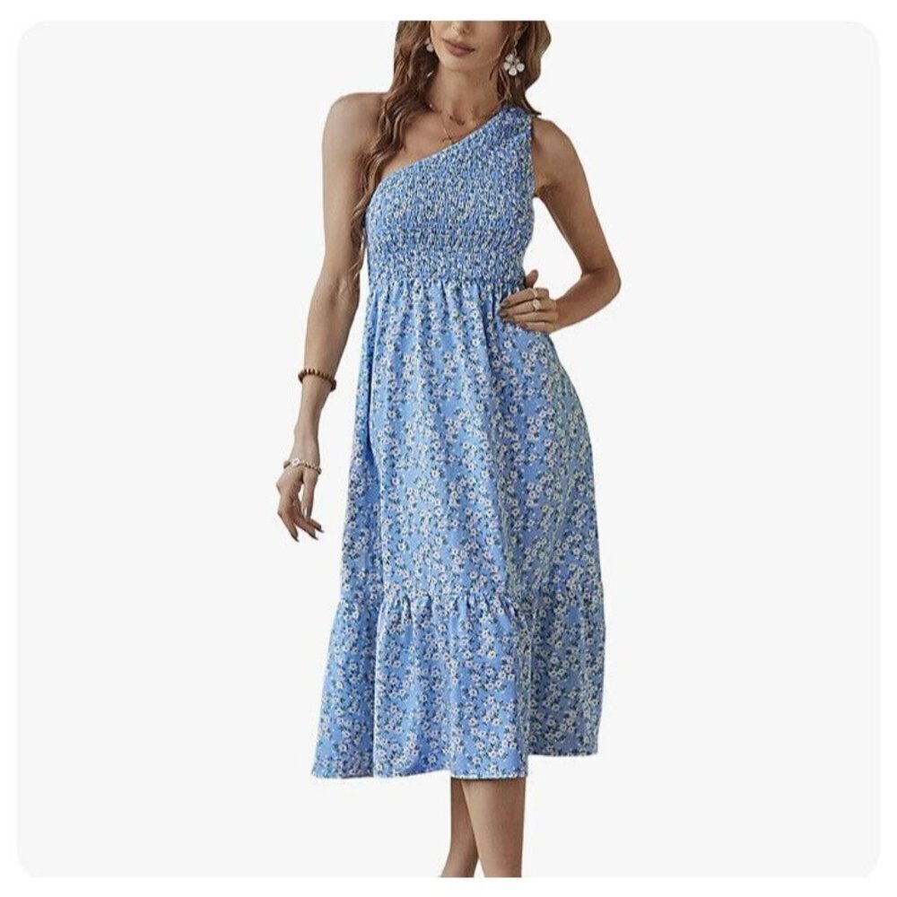 Womens Boho Dress One Shoulder Floral Maxi Dress Elegant Cocktail Party - Picture 2 of 6